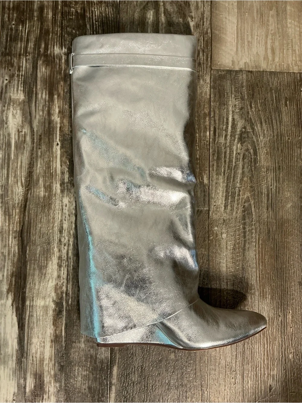 NWOB Fashion Nova Metallic Silver Knee-High Wedge Boots Size 9